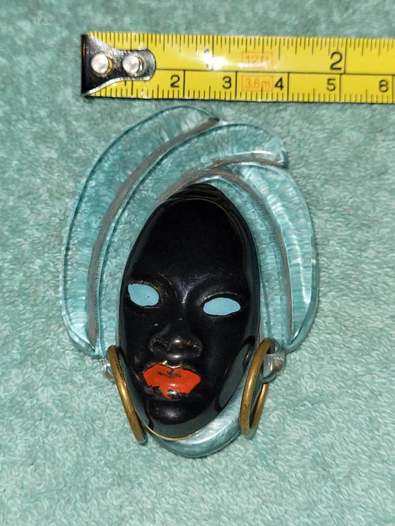 Vintage Blackamoor African Queen face brooch Luci… - image 7