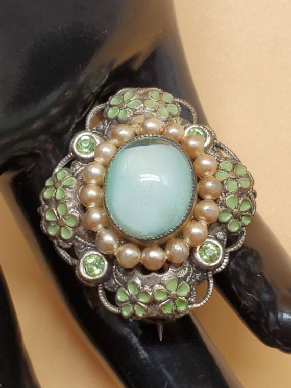 Vintage Czechoslovakia enamel green moonstone pin… - image 10