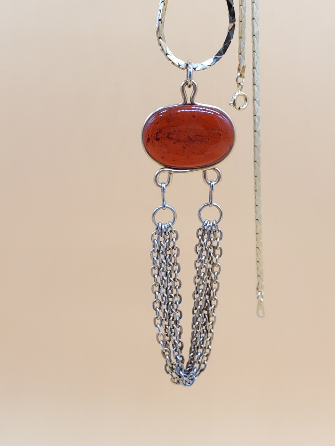 Collier Long Vintage Imitation Ambre - Perles Synthétiques Ambrées - Longueur 72 Cm - Très Bon état