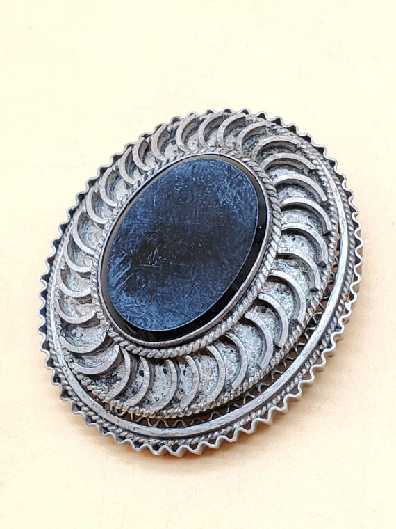 Vintage 800 silver black stone brooch pendant - image 5