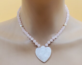Vintage Rose Quartz beaded pearl and 14k necklace with heart center