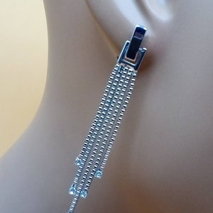 Vintage silver tone metal dangling chain tassel earrings with rhinestones tips