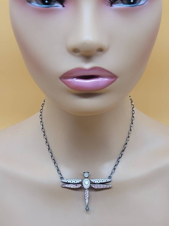Sterling poly clay rose quartz dragonfly necklace - image 8