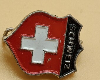 Vintage Swiss Flag on Wood Stick Miniature Grisons Flag