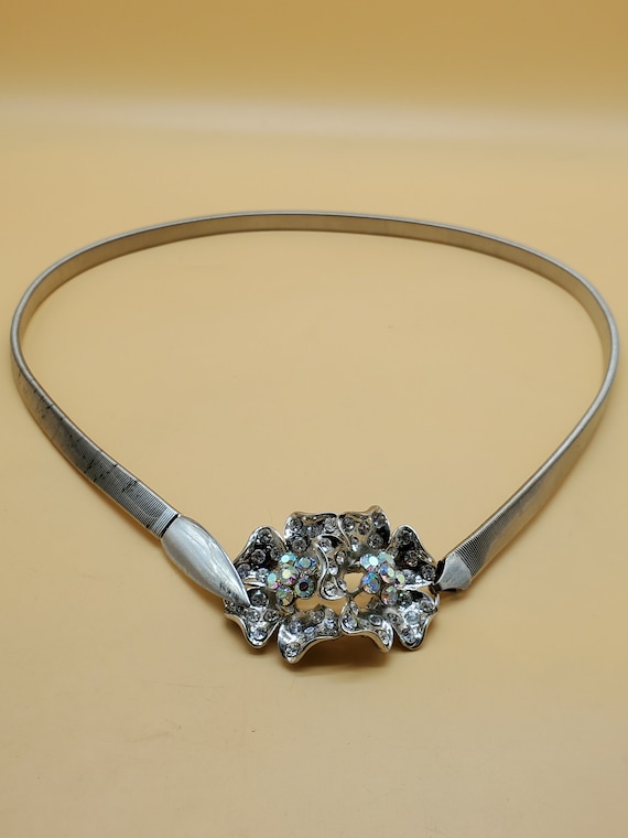 Vintage Silver Tone Stretchy Metal Belt With Rhinestone  display picture 2