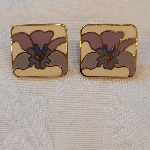 Vintage Laurel Burch enamel Orchid flower earrings