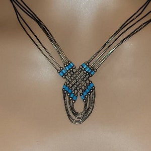 Vintage multi strand liquid sterling turquoise beaded necklace