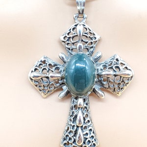 Vintage Renaissance Brutalist Cross pendant with large center stone necklace