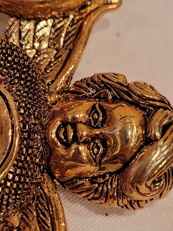 Vintage large bronze tone cherub brooch with rhin… - image 8