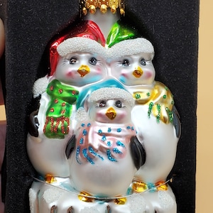 Vintage glass penguin family Christmas ornament