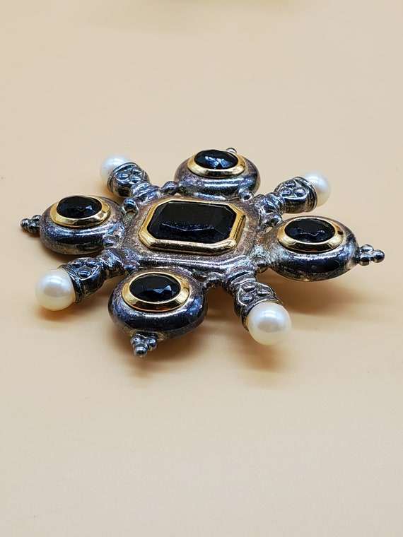 vintage Heraldic style black stone faux pearl ant… - image 6