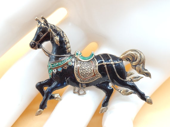 Vintage Siam Sterling Silver Enamel Black Horse B… - image 1