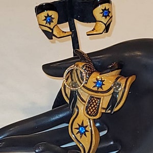 Vintage handmade/ carved wooden saddle brooch with matching cowboy boot earrings