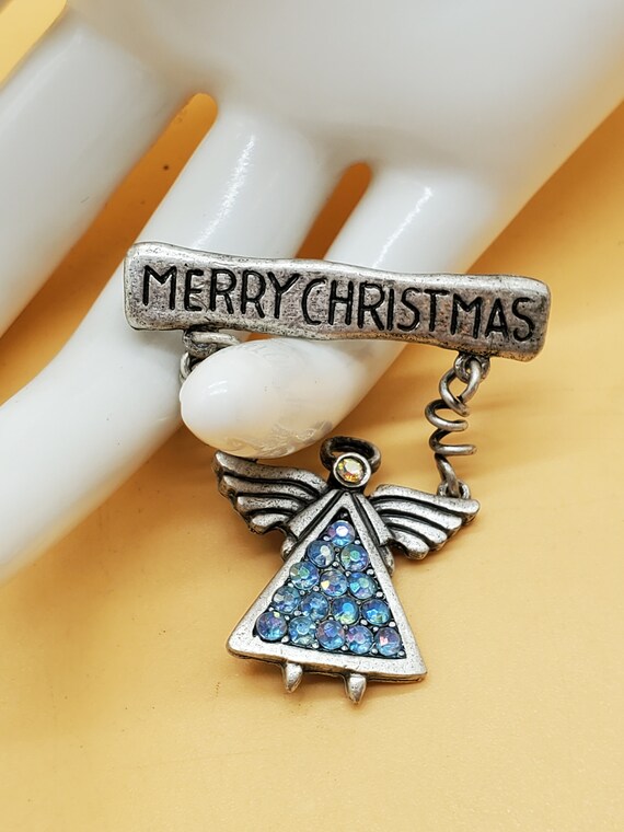 Vintage Merry Christmas Crystal Angel brooch - image 5