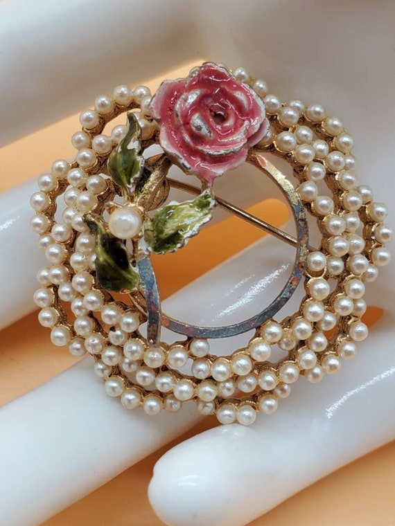 Vintage BSK faux seed Pearls enamel rose brooch