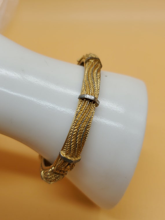 vintage textured gold tone hinged bracelet with s… - image 1