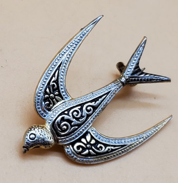Vintage Damascene swallow bird brooch