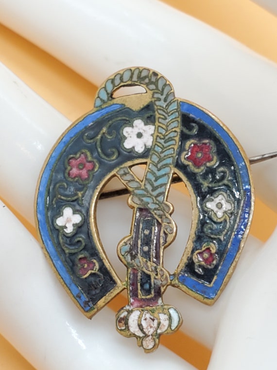 Antique enamel equestrian style brooch pin - image 4