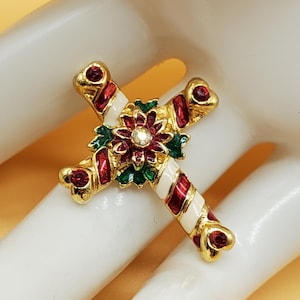 vintage OLIT USA Christmas enamel cross pin with rhinestone accents