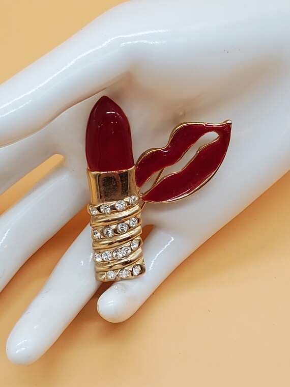 Vintage enamel rhinestone lipstick and lips brooch - image 2