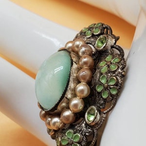 Vintage Czechoslovakia enamel green moonstone pin brooch image 8