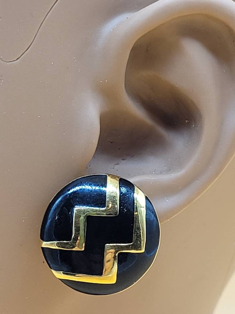 Vintage Monet black enamel and gold design clip on earrings image 2