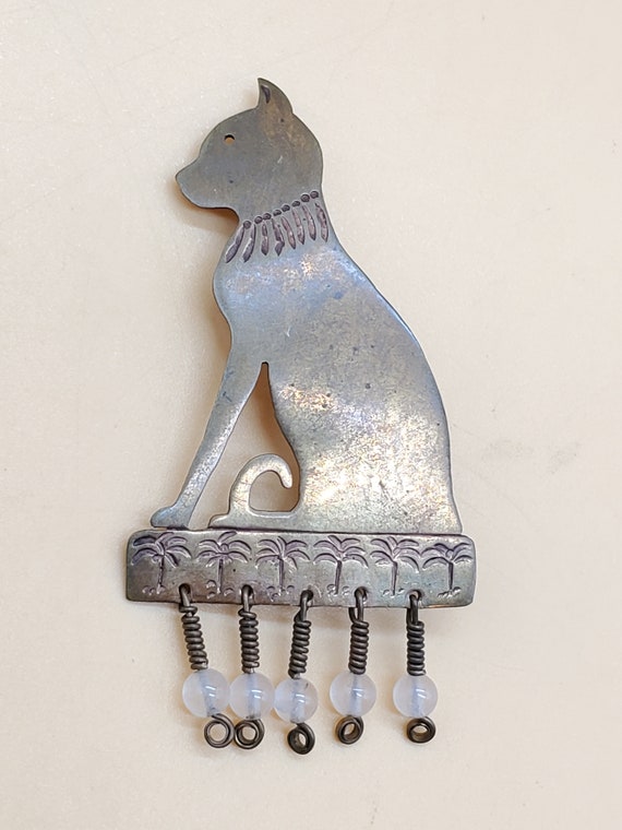 Egyptian Revival inspired copper cat brooch with … - image 8