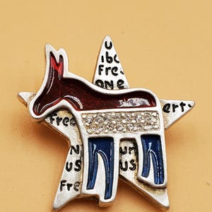 vintage AJMC stamped USA Red, White, blue and rhinestone Democrat Donkey star pin brooch