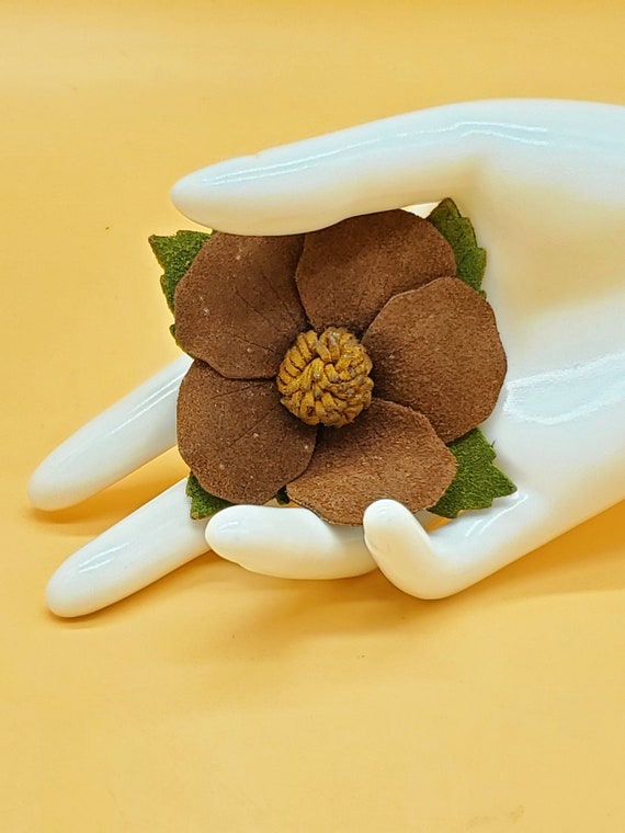 Vintage handmade suede flower brooch - image 2