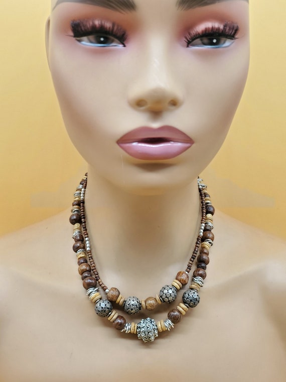 vintage wooden beaded double strand necklace