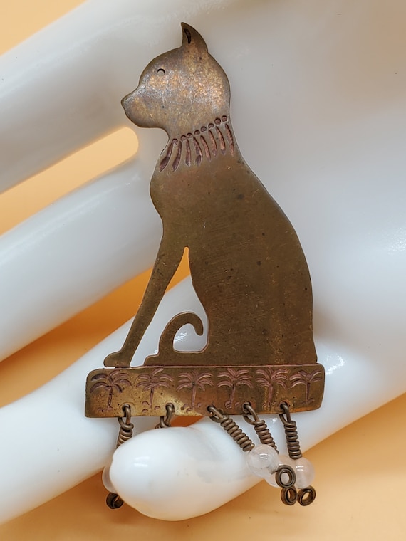 Egyptian Revival inspired copper cat brooch with … - image 2