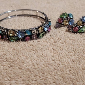 Vintage Lisner pastel Rhinestone bangle bracelet with matching earrings