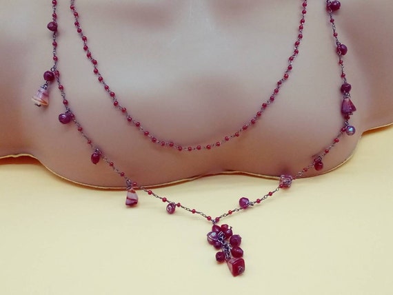 Vintage XL double strand red glass beaded chain n… - image 2