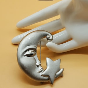 vintage matte silver tone crescent moon and star celestial brooch
