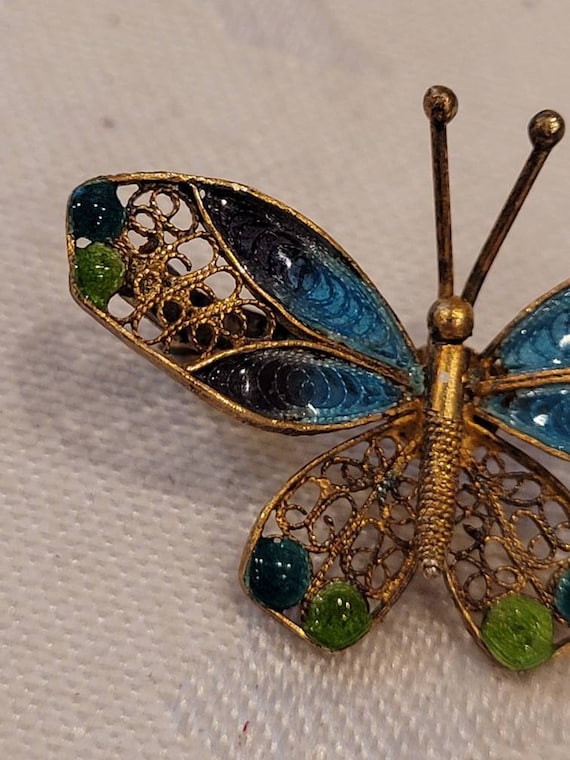 Vintage 800 silver enamel Filigree butterfly broo… - image 5