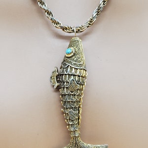 vintage SILVER vermeil articulated fish with Turquoise eyes pendant necklace
