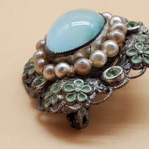 Vintage Czechoslovakia enamel green moonstone pin brooch image 5