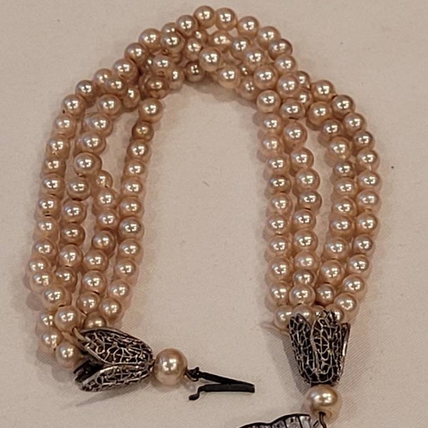 Vintage Deco style 4 strand faux pearl bracelets with sterling rhinestone clasp