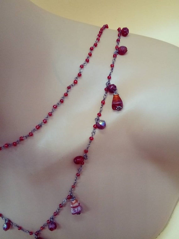 Vintage XL double strand red glass beaded chain n… - image 10
