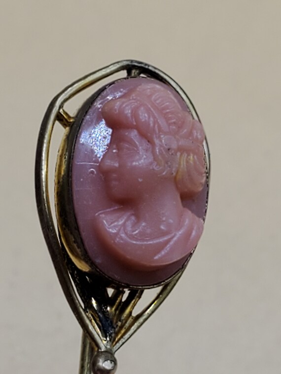 Art Nouveau carved salmon coral Cameo stick pin - image 2