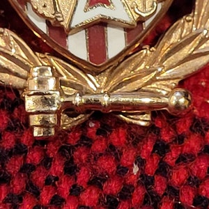 Puede incluir: Un pin de color dorado con un dise&ntilde;o de escudo rojo, blanco y azul. El escudo tiene una estrella en el centro y las letras "U.S.A." sobre la estrella. El escudo est&aacute; rodeado por una corona de hojas doradas y un martillo dorado.