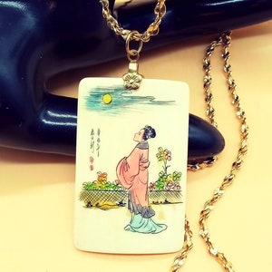 Carved colorful Geisha pendant necklace