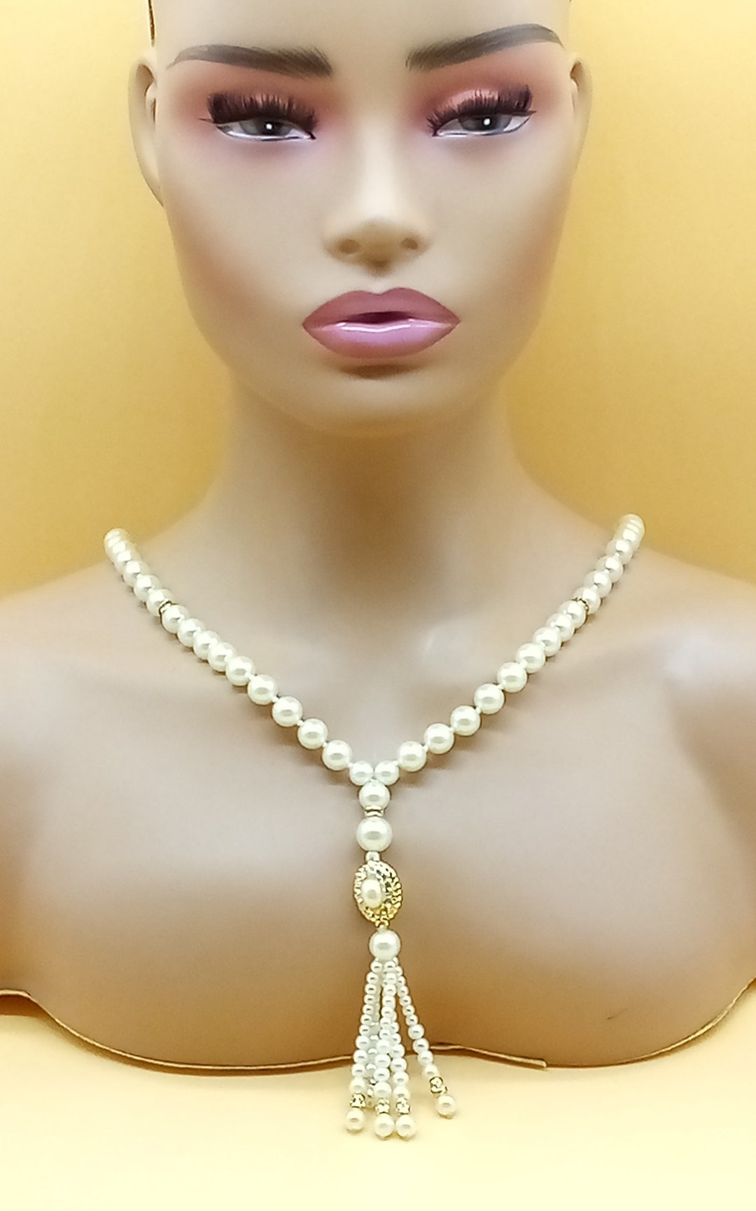 Vintage AFJ Faux Pearl Necklace With Tassel Front Etsy