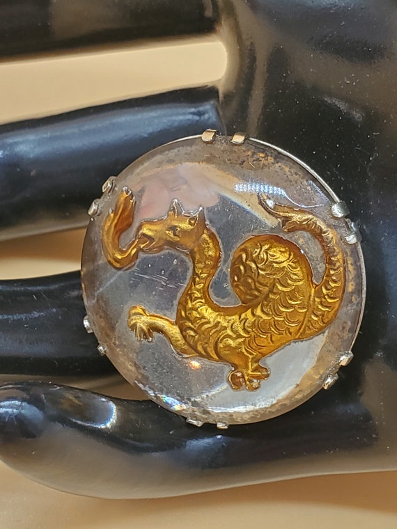 Vintage intaglio reverse carved glass dragon pin b
