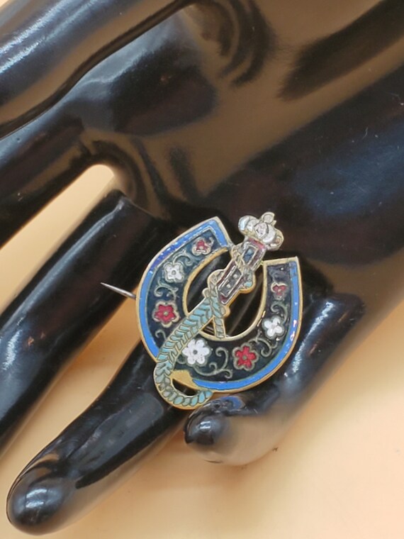 Antique enamel equestrian style brooch pin - image 3