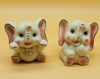 ヴィンテージ セラミック ゾウの置物、グレーとピンクの2体セット