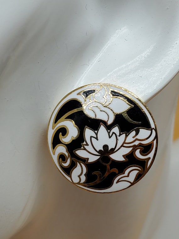 Vintage white and black cloisonne Lotus flower di… - image 1