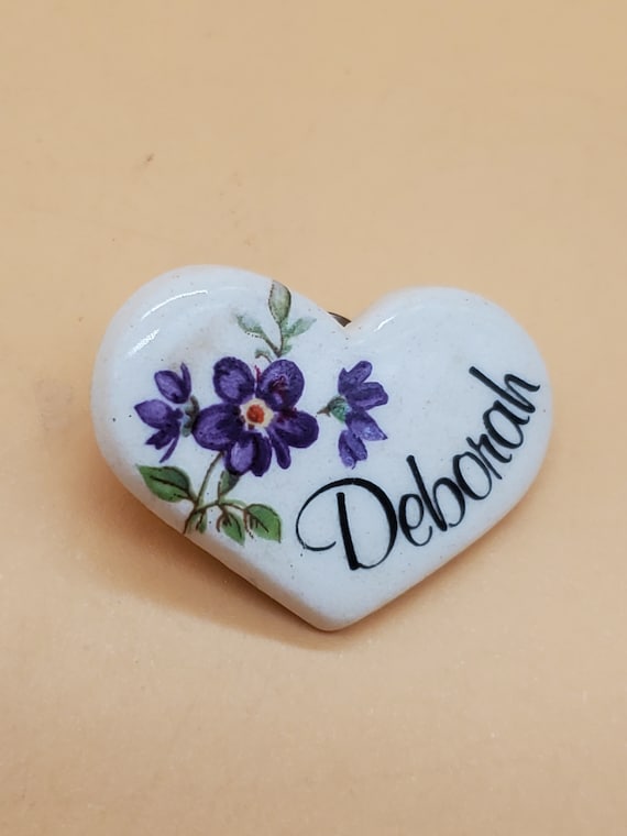 Vintage 1981 Earthly Endeavors Ceramic Heart Flower Pin With Deborah  Painted Name 