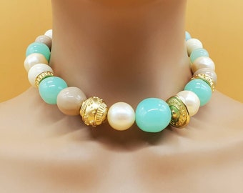 Vintage Bijoux Givenchy style chunky beaded necklace with gold tone metal bead necklace
