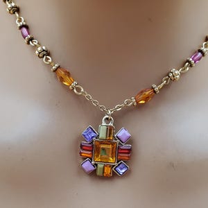 vintage gold tone colorful stones pendant and colorful beaded necklace